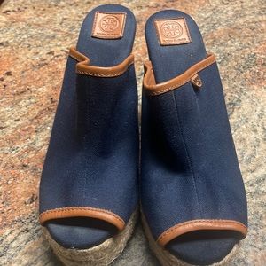 TORY BURCH Open Toe Wedge Denim. Like New. Wore Once. Size 7.